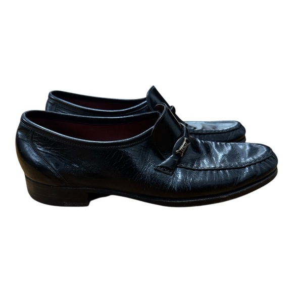 Black Leather Slip-On Loafers with Gold-Toned Bar - Picture 4 of 9